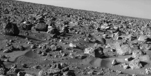ON A CLEAR DAY ON MARS, you can see tens of thousands of rocks. Two high-resolution scans by one of Viking 2's cameras were mosaiced to create this scene looking northeast to the horizon some three kilometers (two miles) away.