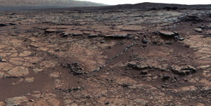 The scene has the Sheepbed mudstone in the foreground and rises up through Gillespie Lake member to the Point Lake outcrop. The foothills of Mount Sharp are visible in the distance, upper left, southwest of camera position. The scene is a portion of a 111-image mosaic acquired during the 137th Martian day, or sol, of Curiosity's work on Mars (Dec. 24, 2012).